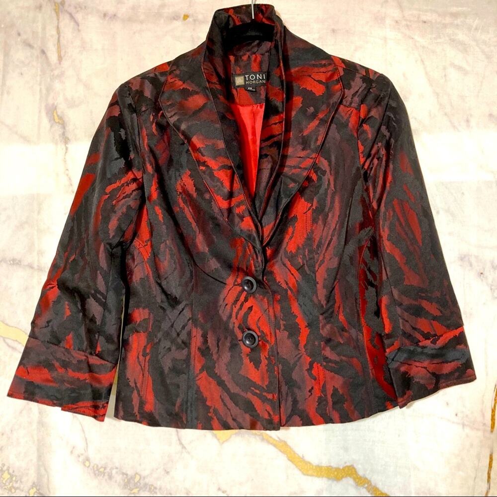 Vintage Red Black Womens Preppy Elegant Silky Cropped Blazer Size Petite S